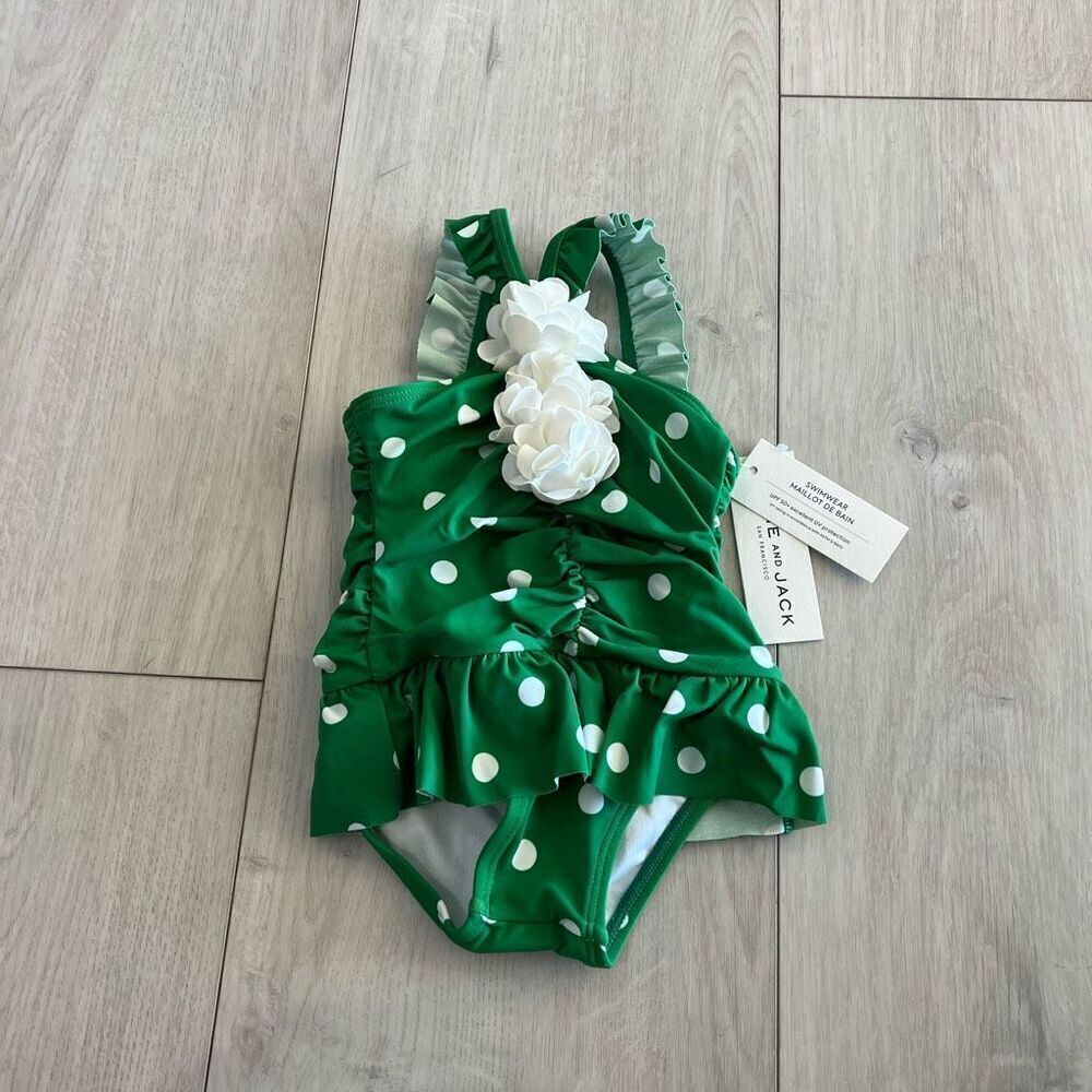 JANIE AND JACK Polka Dot Rosette Swimsuit Sz 6 to 12 months Green White Skirt Fl